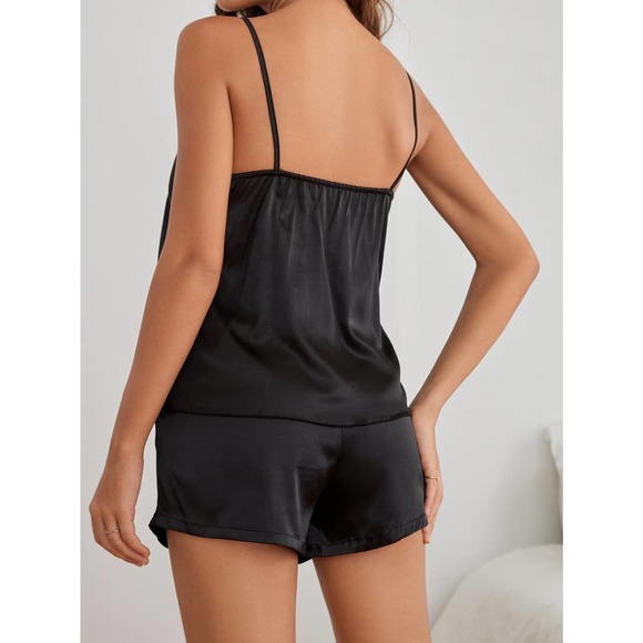 Purple 2 piece pajama set: Lace Trim Satin Cami Top & Shorts pj Set - Picture 5 of 11